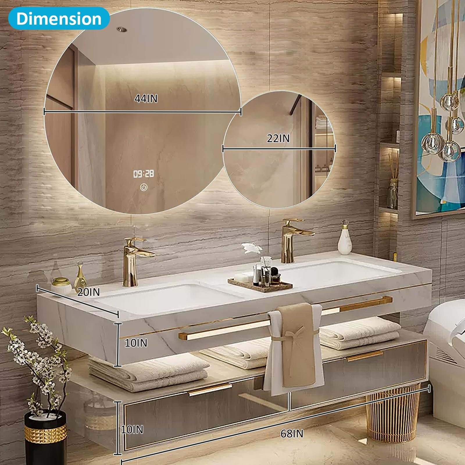 Amazon.com: Luxurious Bathroom Vanities - Smart Mirror with LED Light | Golden Luxury Accessories Includes Faucet & Metal Handle, Double Bathroom Vanity with Sink (68'') : Tools & Home Improvement